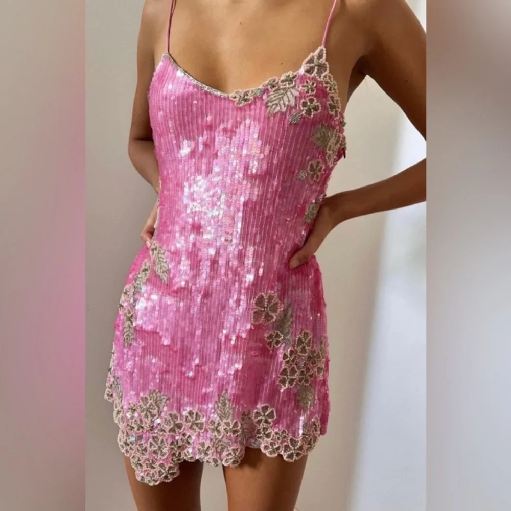 LoveShackFancy Pink Sequin Floral Mini Dress - Picture 9 of 15